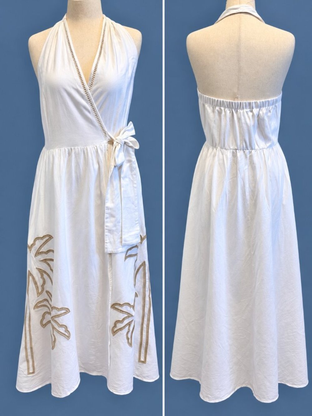 INC International Concepts White High Low Dress with Palm Embroidery